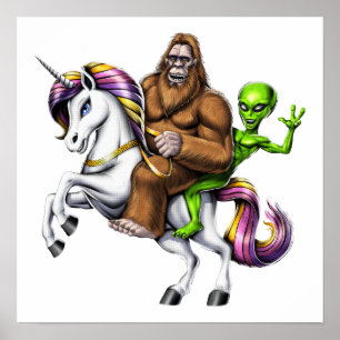 Bigfoot Alien Riding Eenhoorn Poster