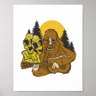 Bigfoot Aliens Guitar Camping Sasquatch Funny Gift Poster