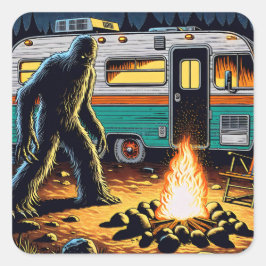 Bigfoot bij Campfire en Retro Rv Vierkante Sticker