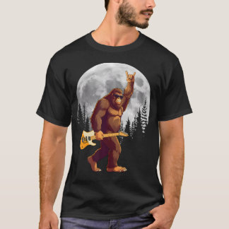 Bigfoot Carrying Guitar At Night Full Moon Trees S T-shirt