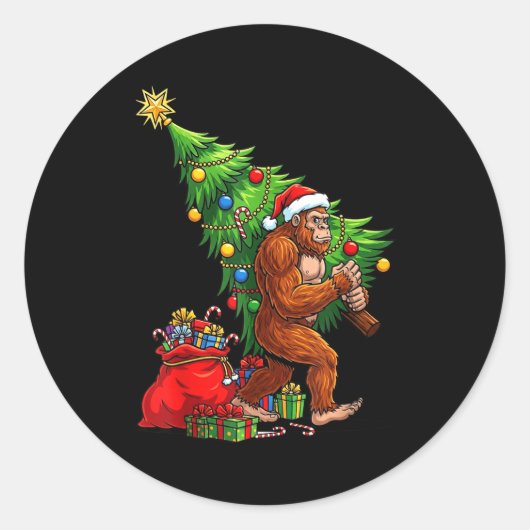 Bigfoot Christmas Tree Xmas Lights Funny Sasquatch Ronde Sticker (Voorkant)