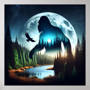 Bigfoot-dubbelexpositie, adelaar en volle maan poster