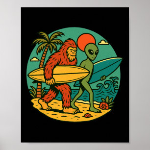 Bigfoot en Alien surfen op vintage strandkunst voo Poster