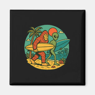 Bigfoot en Alien surfen Vintage strandkunst surfer Magneet