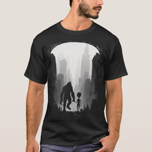Bigfoot en buitenaards in de stad grappig grafisch t-shirt (Voorkant)
