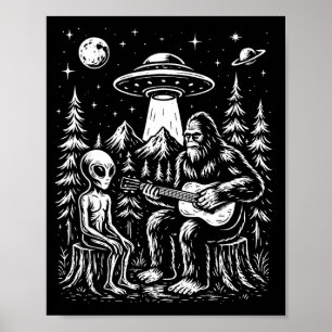 Bigfoot gitaar spelend met alien en ufo poster