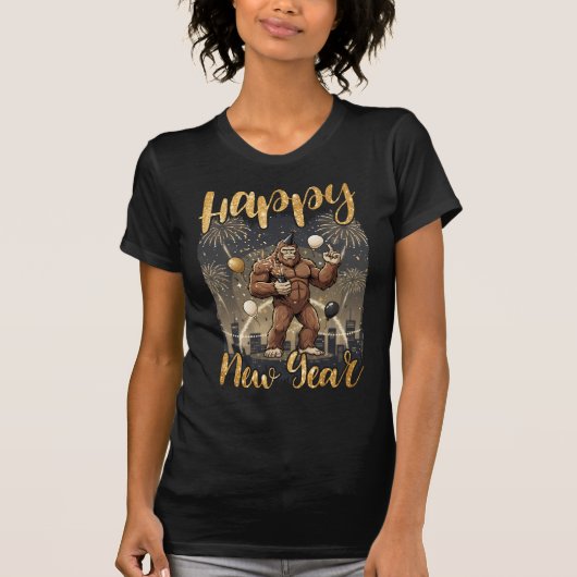 Bigfoot Gorilla Happy New Year Party Funny T-shirt (Voorkant)