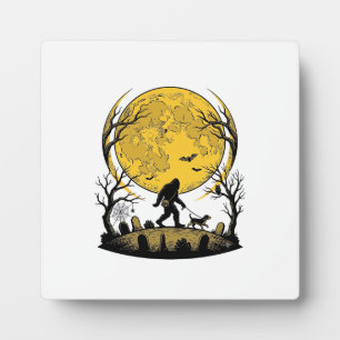 Bigfoot Halloween T-shirt Volle Maan Hond Wandelen Fotoplaat
