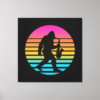 Bigfoot Jazz Saxofoon Retro Zonsondergang Design Canvas Afdruk