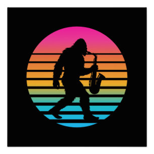 Bigfoot Jazz Saxofoon Retro Zonsondergang Design G Perfect Poster