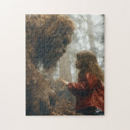 Bigfoot Kneeling Down Luisteren naar een kinderpuz Legpuzzel