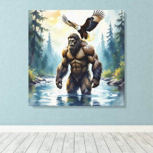 Bigfoot met een adelaar op zijn schouder canvas afdruk
