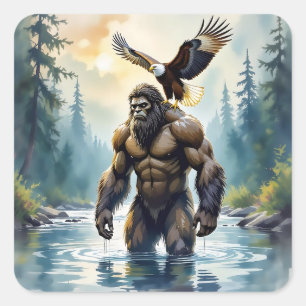 Bigfoot met een adelaar op zijn schouder vierkante sticker