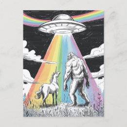 Bigfoot met eenhoorn en een ufo briefkaart