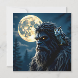 Bigfoot met gloeiende ogen en uil op zijn schouder