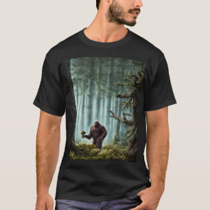 Bigfoot met grote paddenstoel in bos t-shirt