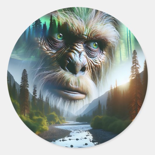 Bigfoot, Mountains, River and Forest Ronde Sticker (Voorkant)