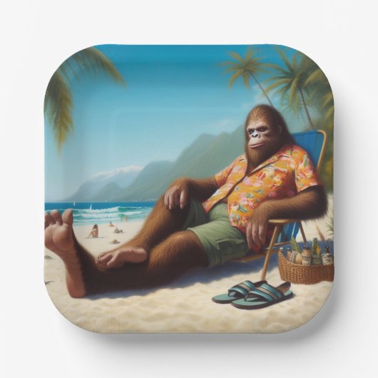 Bigfoot Op het strand Papieren Bordje (Voorkant)
