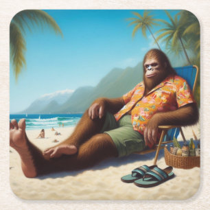 Bigfoot Op het strand Vierkante Kartonnen Onderzetter