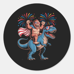 Bigfoot Riding Dinosaur Independence Day Happy 4th Ronde Sticker