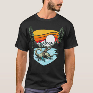 Bigfoot Riding Nessie Mountains Trees Funny 80s Su T-shirt