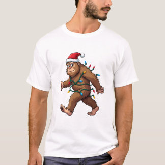 Bigfoot Santa Christmas Tree Lights Xmas Boys Men  T-shirt