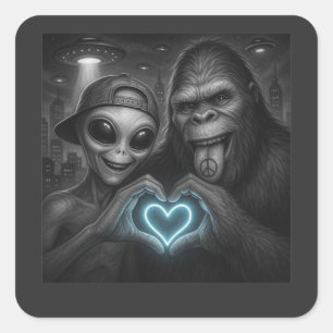 Bigfoot Sasquatch Alien Liefde Handteken Vierkante Sticker