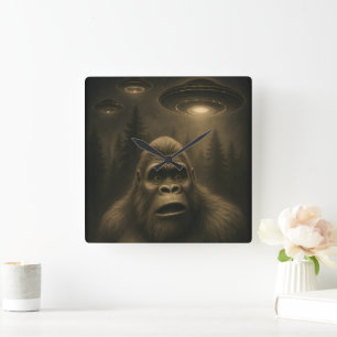 Bigfoot Sasquatch Alien UFO Grappig Vierkante Klok