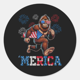 Bigfoot Sasquatch Merica Vuurwerk 4 juli Pat Ronde Sticker