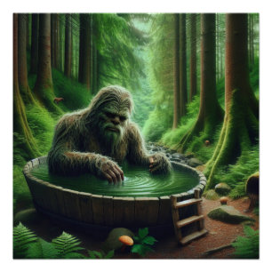 Bigfoot Sasquatch Taking a Bath in the Woods Perfect Poster