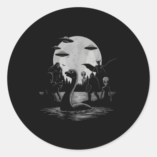 Bigfoot Ufo Loch Ness Monster Mothman And Aliens! Ronde Sticker (Voorkant)
