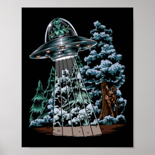 Bigfoot verstopt zich voor alien in een UFO achter Poster