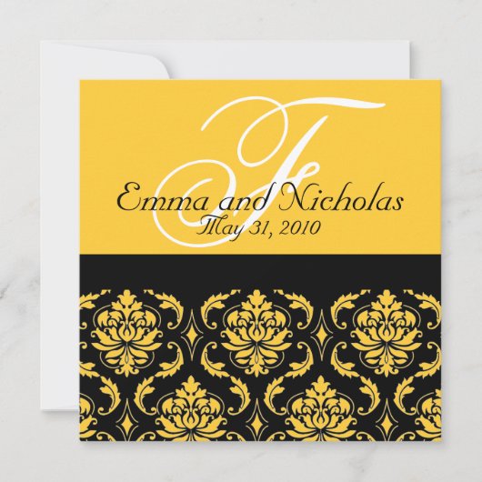 Biggen Uitnodiging Monogram Damask Yellow Back (Voorkant)