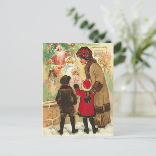 Bij het kerstvenster van de speelgoed briefkaart (Staand voorkant)