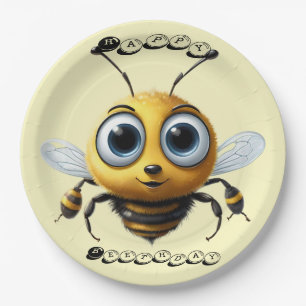 Bij met grote hoopvolle ogen zegt Happy Birthday, Papieren Bordje