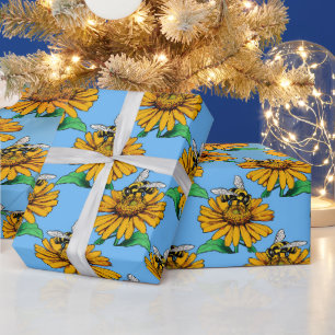 Bij op zonnebloem bloempatroon ontwerp blauw cadeaupapier
