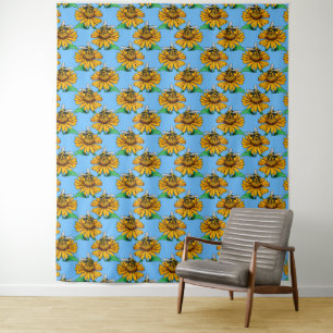 Bij op zonnebloem bloempatroon ontwerp blauw wandkleed