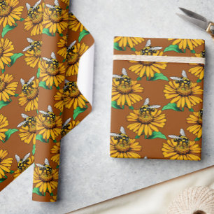 Bij op zonnebloem bloempatroon ontwerp bruin cadeaupapier