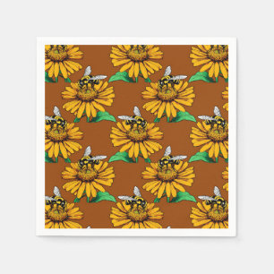 Bij op zonnebloem bloempatroon ontwerp bruin servet
