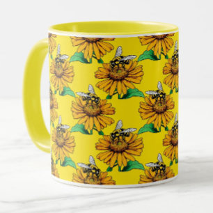 Bij op zonnebloem bloempatroon ontwerp geel mok