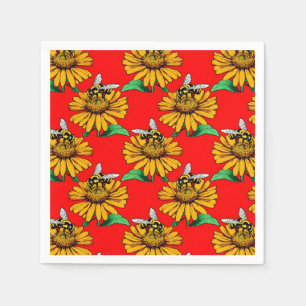 Bij op zonnebloem bloempatroon ontwerp rood servet