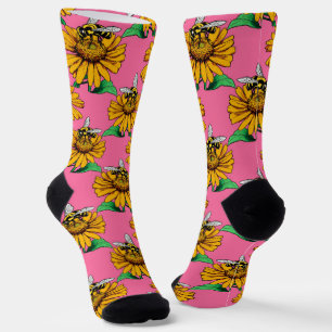 Bij op zonnebloem bloempatroon ontwerp roze sokken