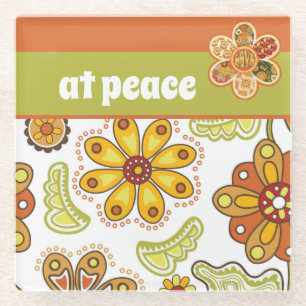 bij vrede - Retro Flower Hippie Oranje Green Glazen Onderzetter