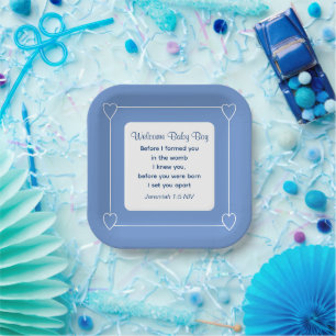 Bijbel Baby shower Verse Striped Blue Party Papieren Bordje