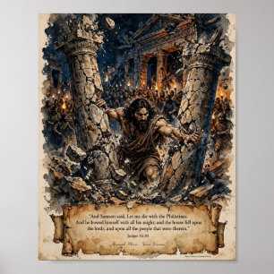 Bijbel KJV-Samson Duwt de Pilaren-Richters 16:30 Poster