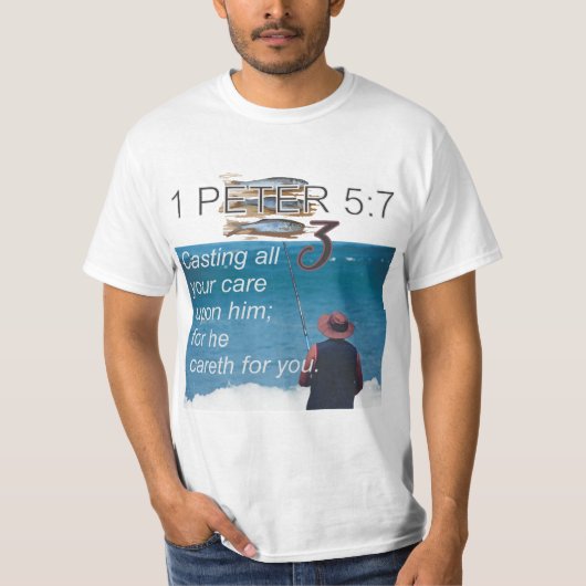 Bijbel T Shirt Dag 3, 1 PETER 5:7 (Voorkant)