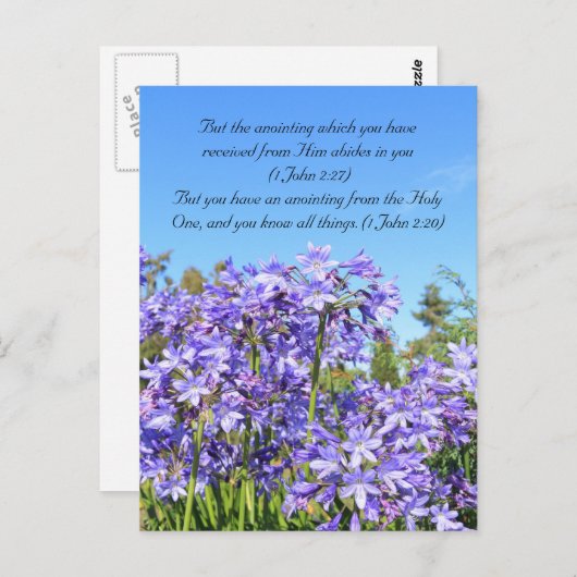 Bijbelpassage, blauwe bloemen en blauwe lucht briefkaart (Voorkant / Achterkant)