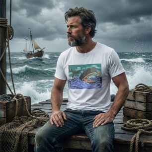 Bijbelse Jonah en de walvisoceaan scene T-shirt