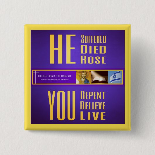 Bijbelse tekens "HE Dood/JIJ Live" Button (geel) (Voorkant)