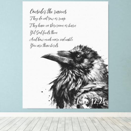 Bijbeltekst Lukas 12:24 Canvas Afdruk (Insitu (Houten vloer))